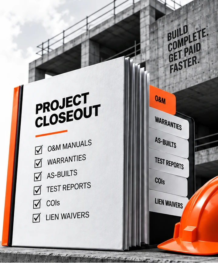 Project closeout binder with tabs for O&M manuals, warranties, as-builts, test reports, COIs and lien waivers, beside an orange hard hat.